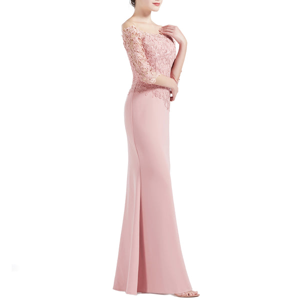 MACloth Women Off Shoulder 3/4 Sleeves Long Mother Bride Dresses Evening Gown