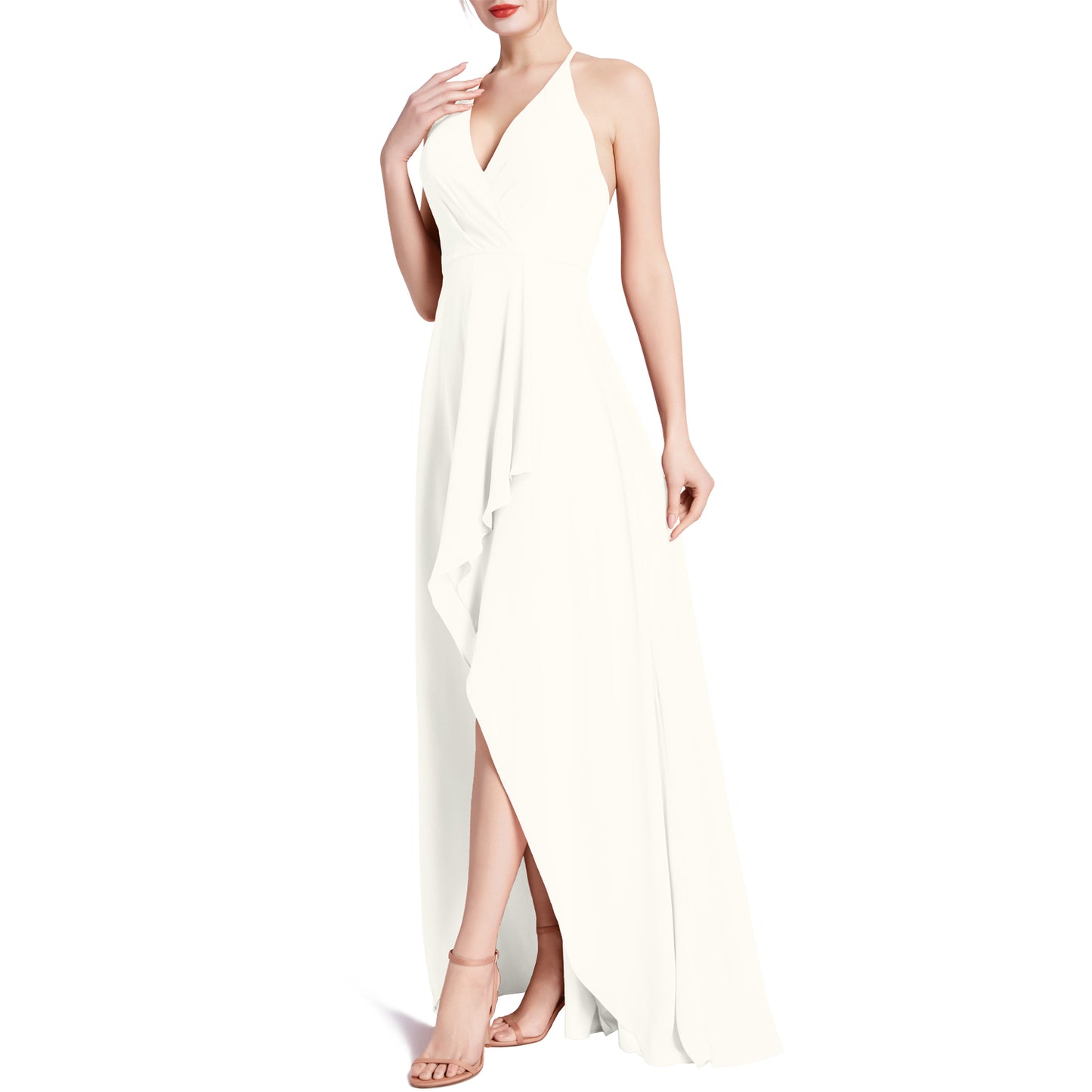 MACloth Women V Neck Halter Hi Lo Long Wedding Party Bridesmaid Dresses