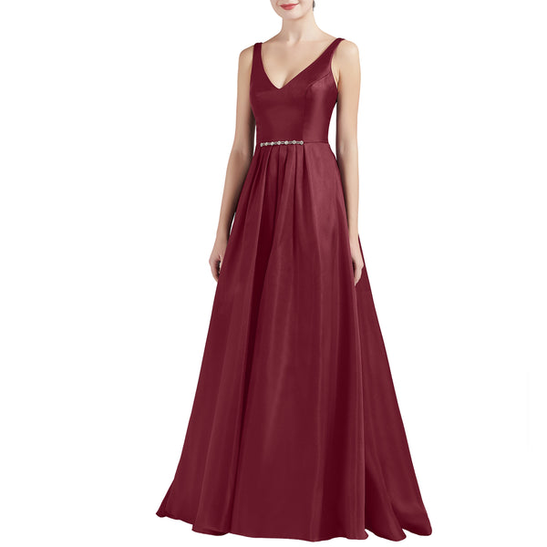 MACloth Women A Line V Neck Long Satin Prom Party Dresses Wedding Ball Gown