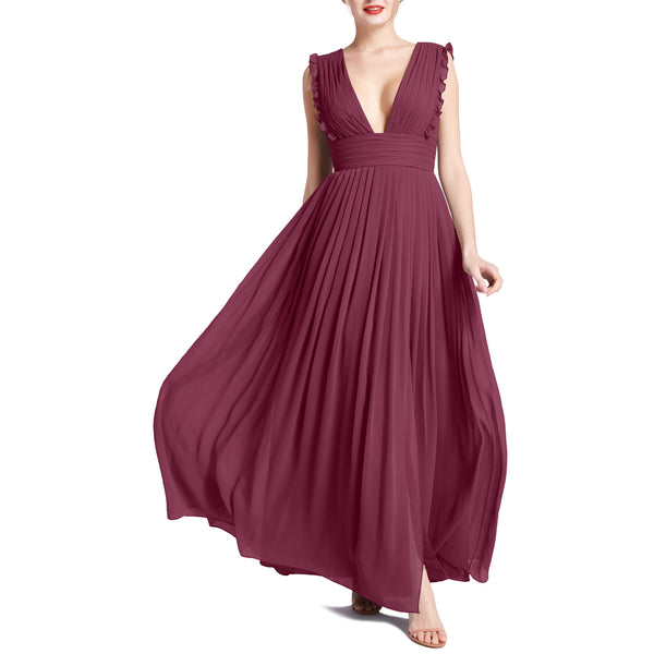 MACloth Women V Neck Ruffle Long Pleated Wedding Party Bridesmaid Dresses