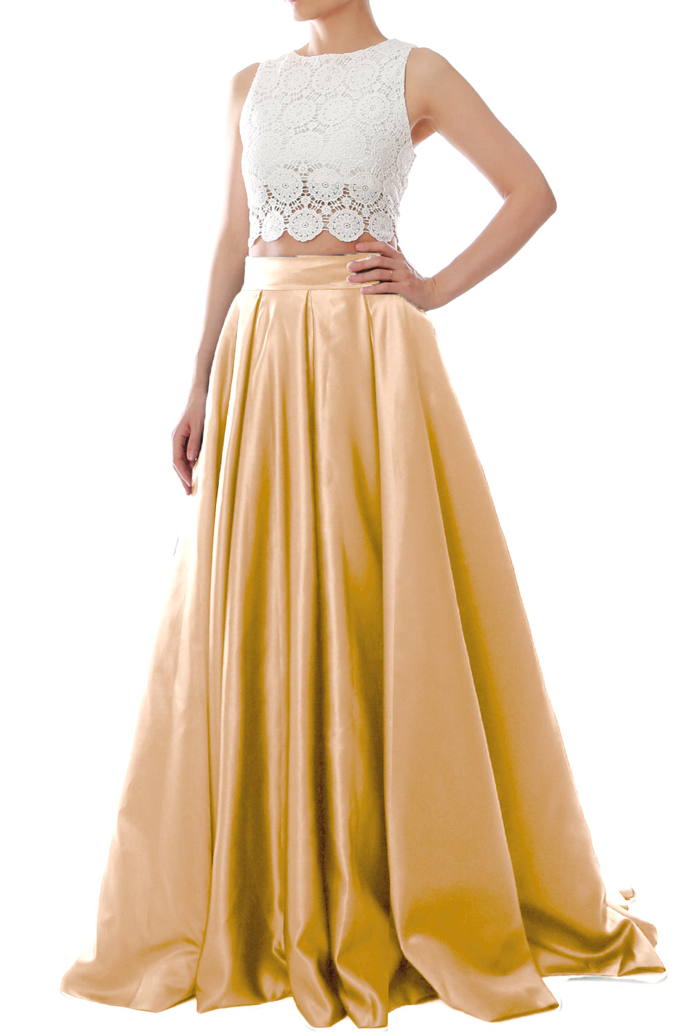 MACloth Women Two Piece O Neck Lace Long Prom Homecoming Dress Evening Ball Gown