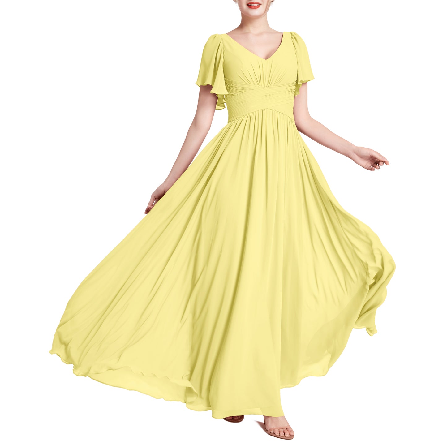 MACloth Vestidos de dama de honor románticos para fiesta de boda con cuello en V y manga corta para mujer