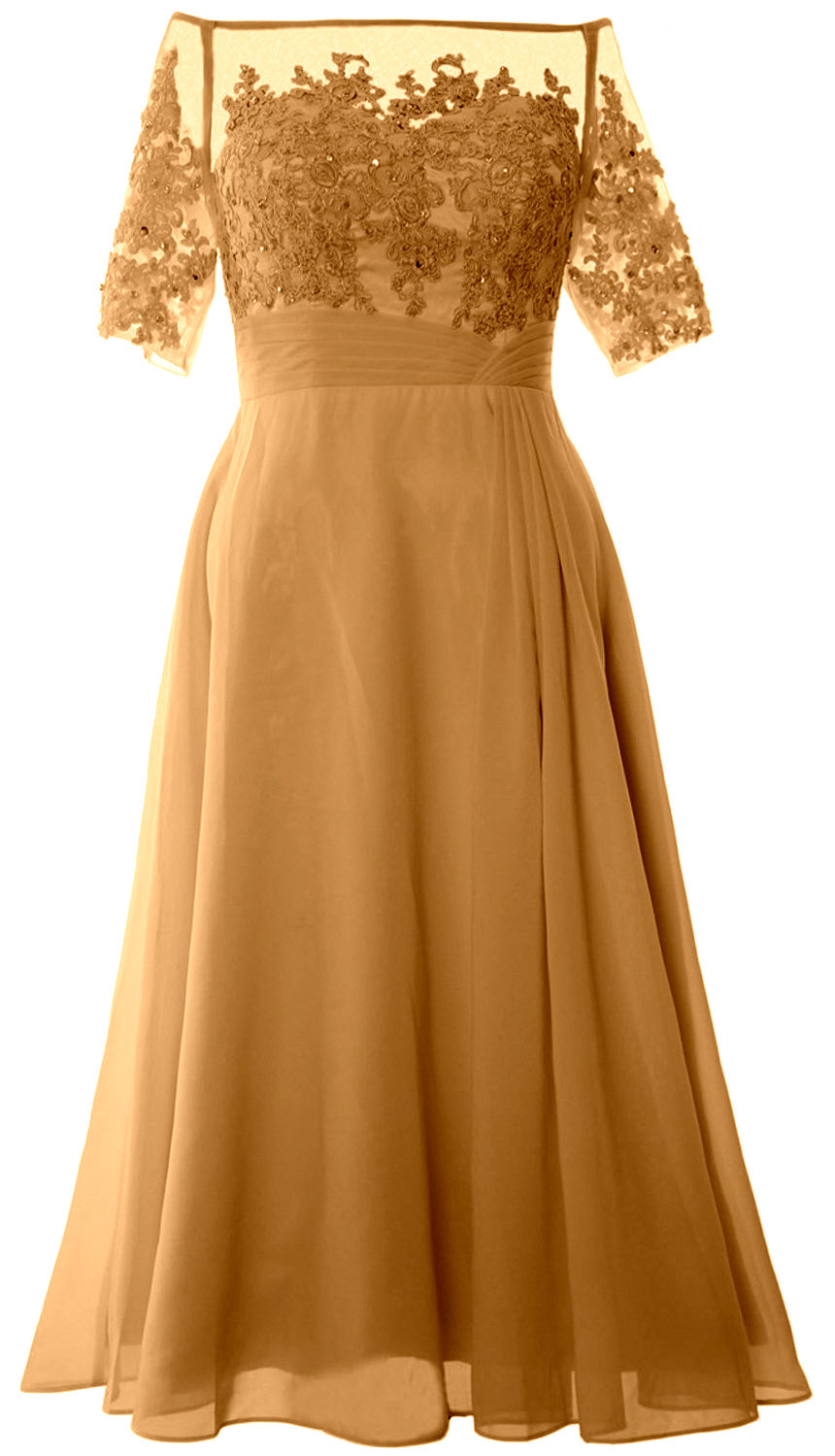 Vestidos de madre de la novia de MACloth, mangas cortas, midi, hombros descubiertos, semi formales