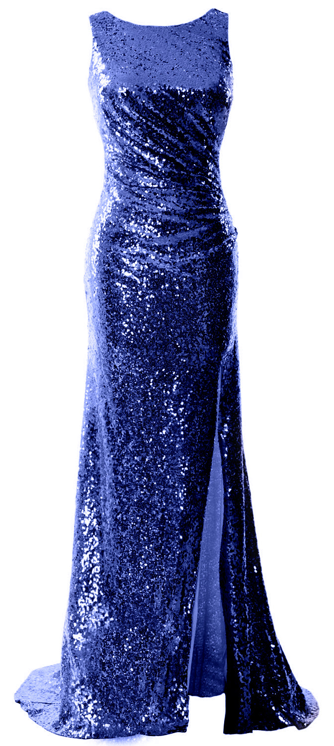 MACloth Women Sequin Long Bridesmaid Dresses Cowl Back Prom Evening Gown Split