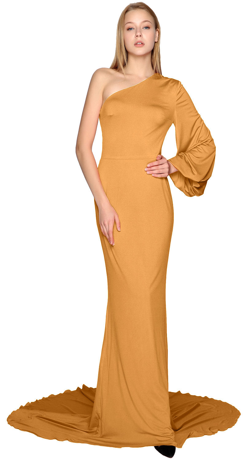 Vestidos de fiesta de sirena MACloth de un hombro con mangas largas y jersey, vestido de noche formal