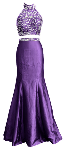 MACloth Women Mermaid Two Piece High Neck Taffeta Long Prom Dress Formal Gown