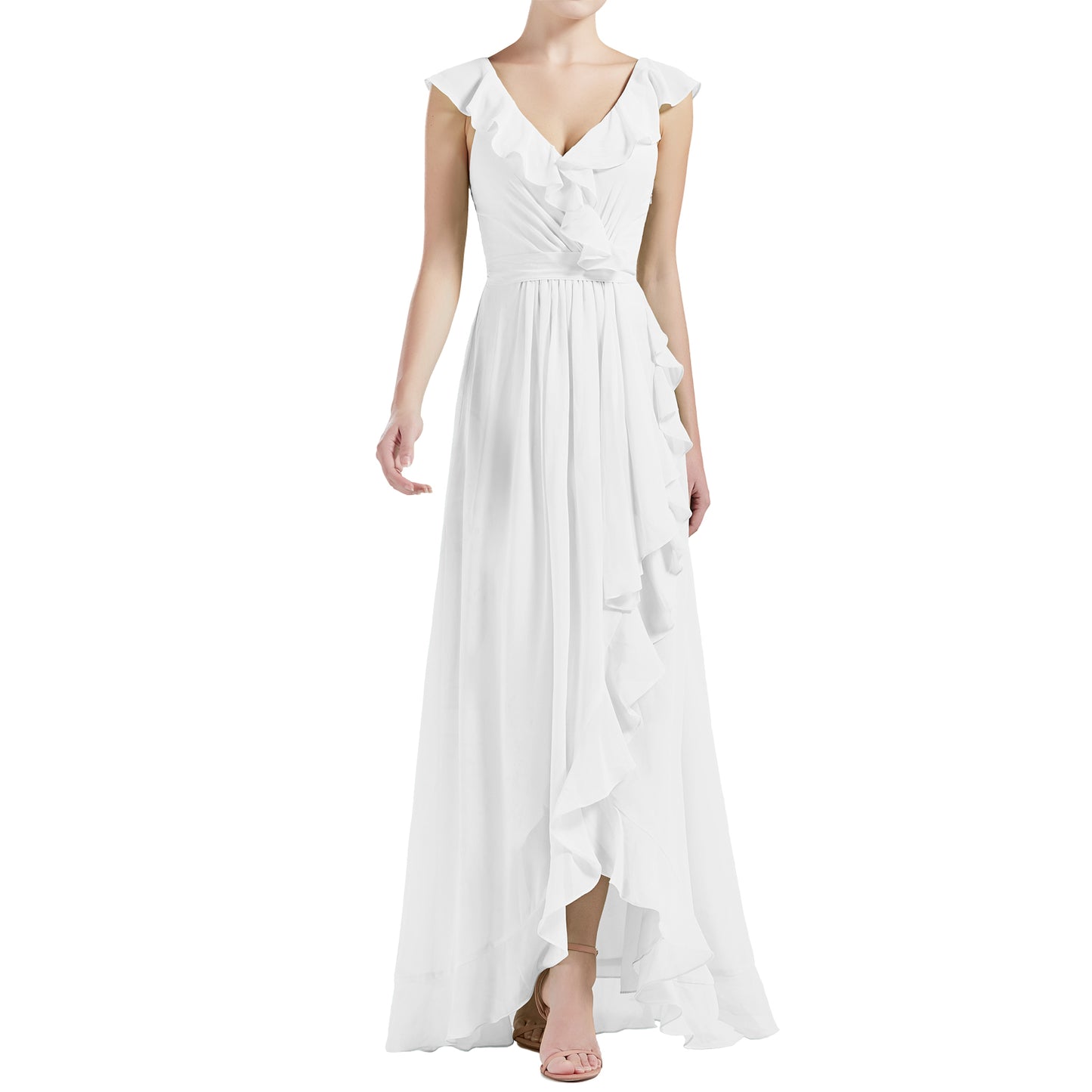 MACloth Women V Neck Ruffle Cap Sleeve Hi-Lo Long Wedding Bridesmaid Dresses