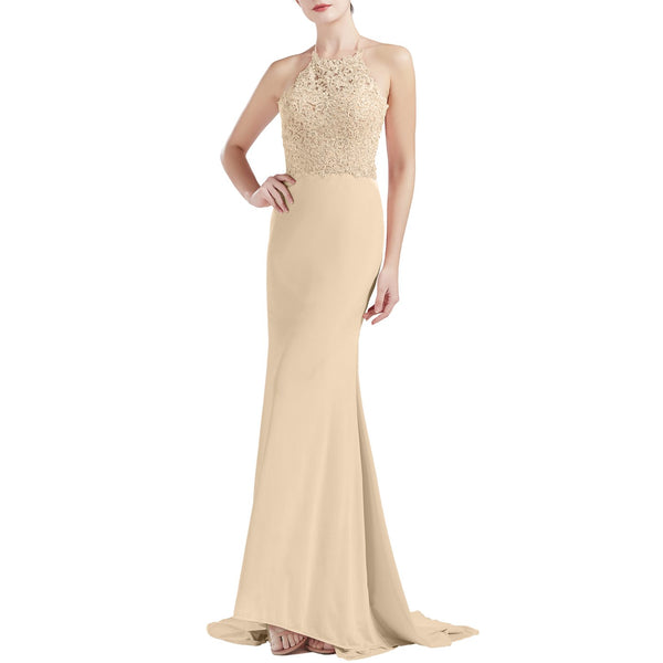MACloth Women Sleeveless Halter Jersey Mermaid Long Prom Party Dresses Evening