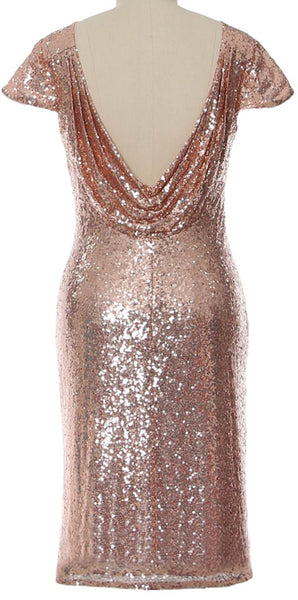 MACloth Elegant Cap Sleeves Short Bridesmaid Dress Sequin Wedding Formal Gown