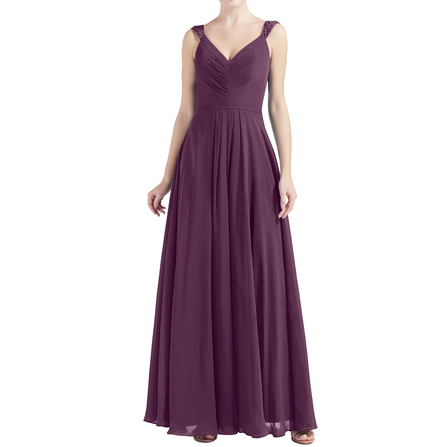 MACloth Women V Neck Lace Chiffon A Line Maxi Wedding Party Bridesmaid Dresses