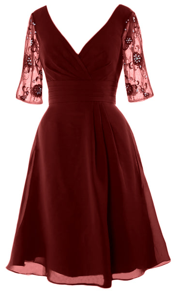 MACloth Mother of Bride Short Dresses Half Sleeves V Neck Cocktail