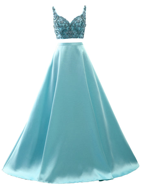 MACloth Women Two Piece V Neck Beaded Prom Dress Crop Top Formal Evening Gown