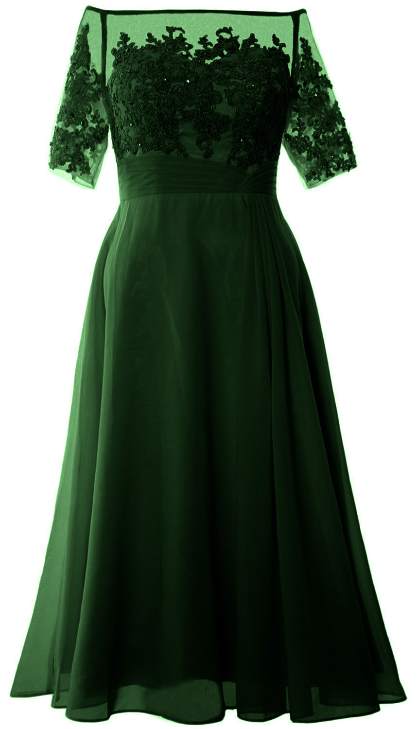 Vestidos de madre de la novia de MACloth, mangas cortas, midi, hombros descubiertos, semi formales