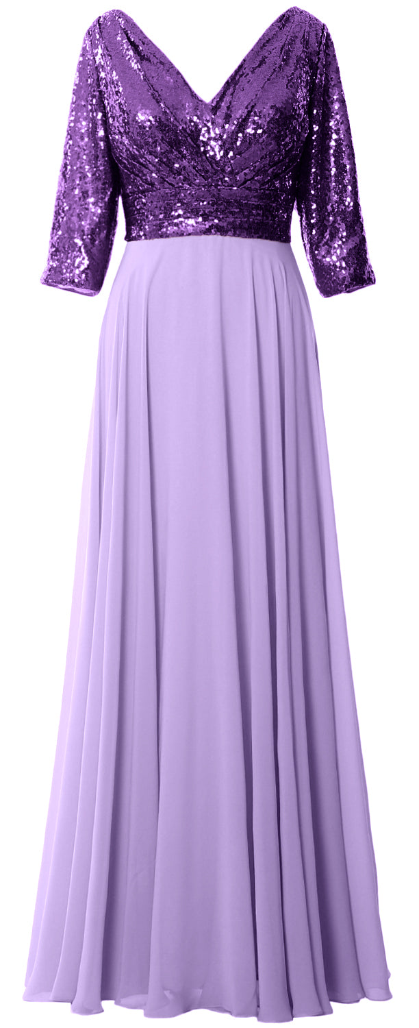 MACloth Damen Maxikleid mit langen Ärmeln und V-Ausschnitt und Pailletten