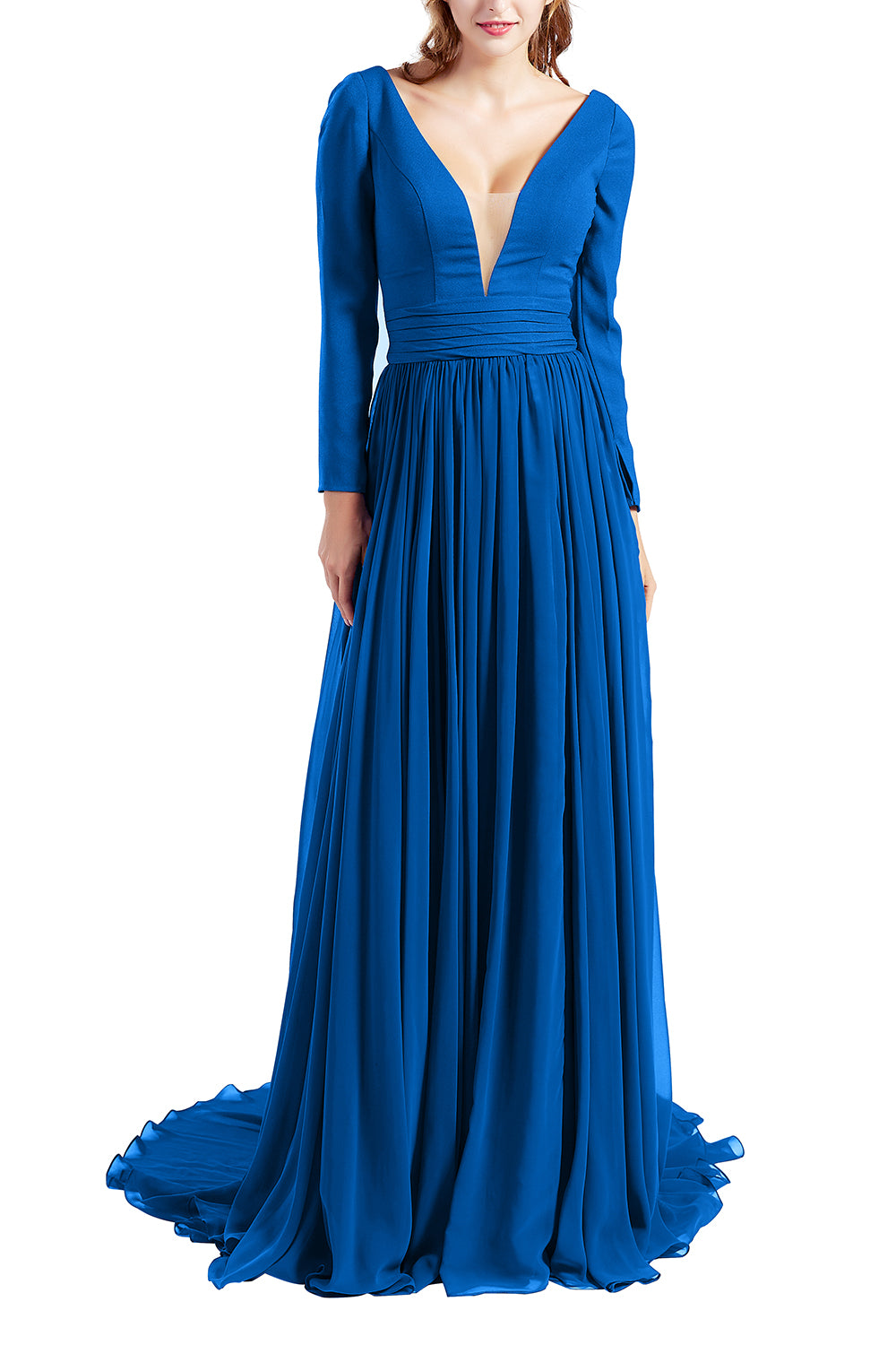 MACloth Women Plunging V Neck Long Sleeve Formal Evening Dress Prom Party Gown