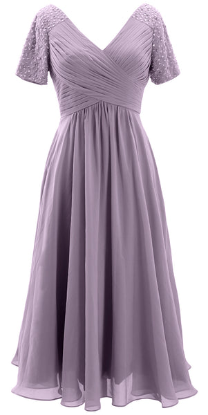 MACloth Women Midi Mother Bride Dresses Short Sleeves Wedding Guest Tea Length