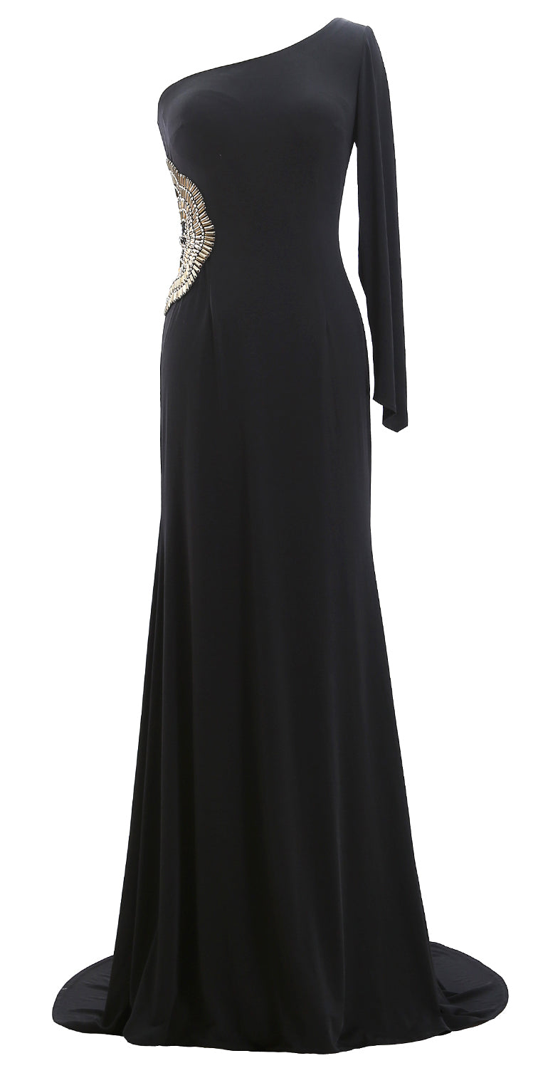 MACloth Women One Shoulder Long Prom Dress Sheath Jersey Forma Evening Gown Black / Tea Length / US14