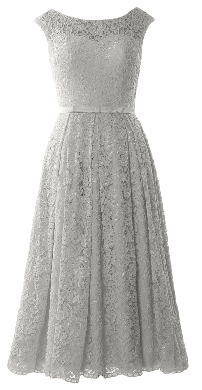 MACloth Women Tea Length Mother Bride Gown Dresses Cap Sleeve Lace Midi Corset