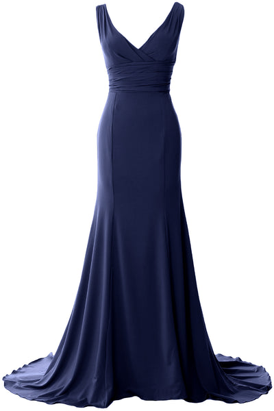 MACloth Long Mermaid Jersey Prom Dresses V-Neck Sleeveless Evening Party Gown