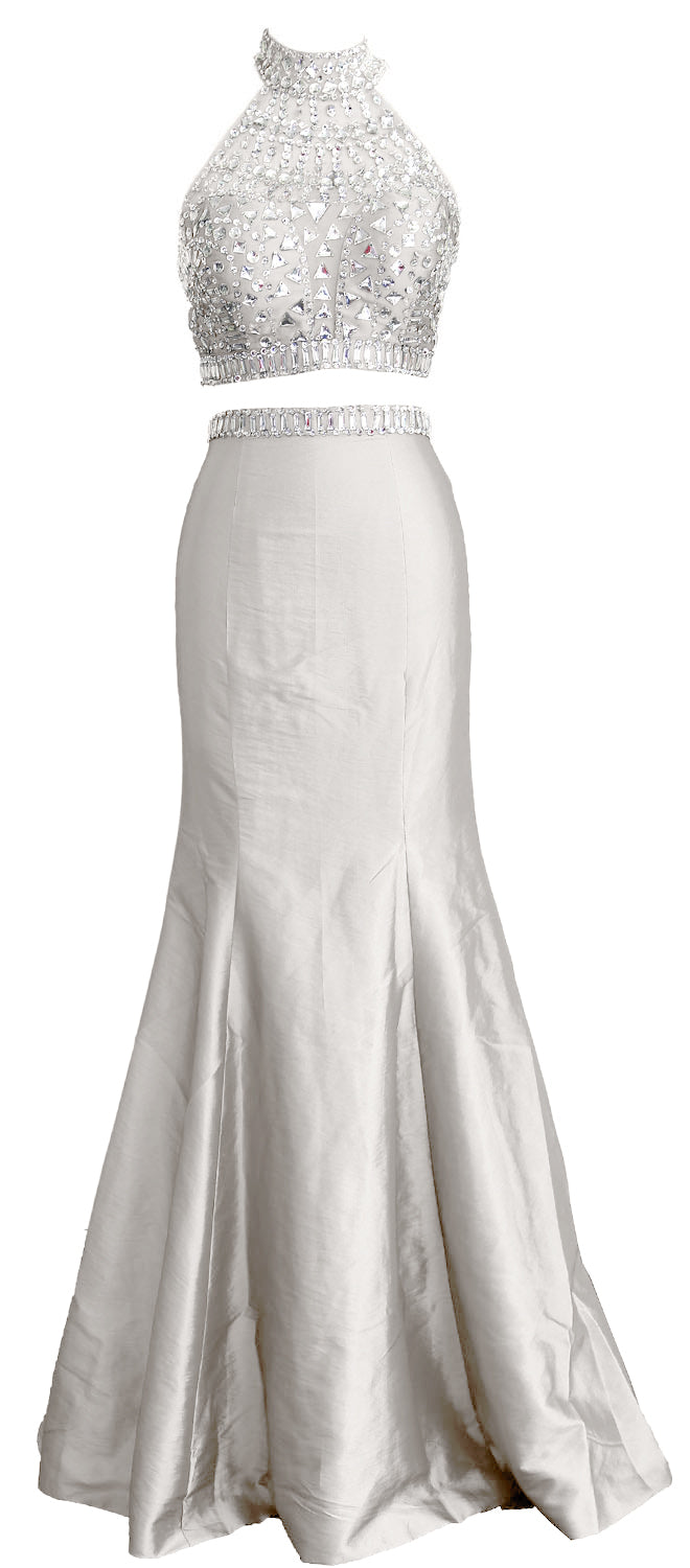 MACloth Damen Meerjungfrau Zweiteiliges Ballkleid mit hohem Halsausschnitt aus Taft, lang, formelles Kleid