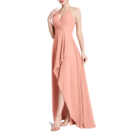 MACloth Vestidos de dama de honor para fiesta de boda con escote en V y cuello halter, largos e hi-lo para mujer