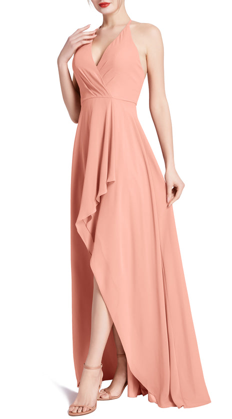 MACloth Women V Neck Halter Hi Lo Long Wedding Party Bridesmaid Dresses
