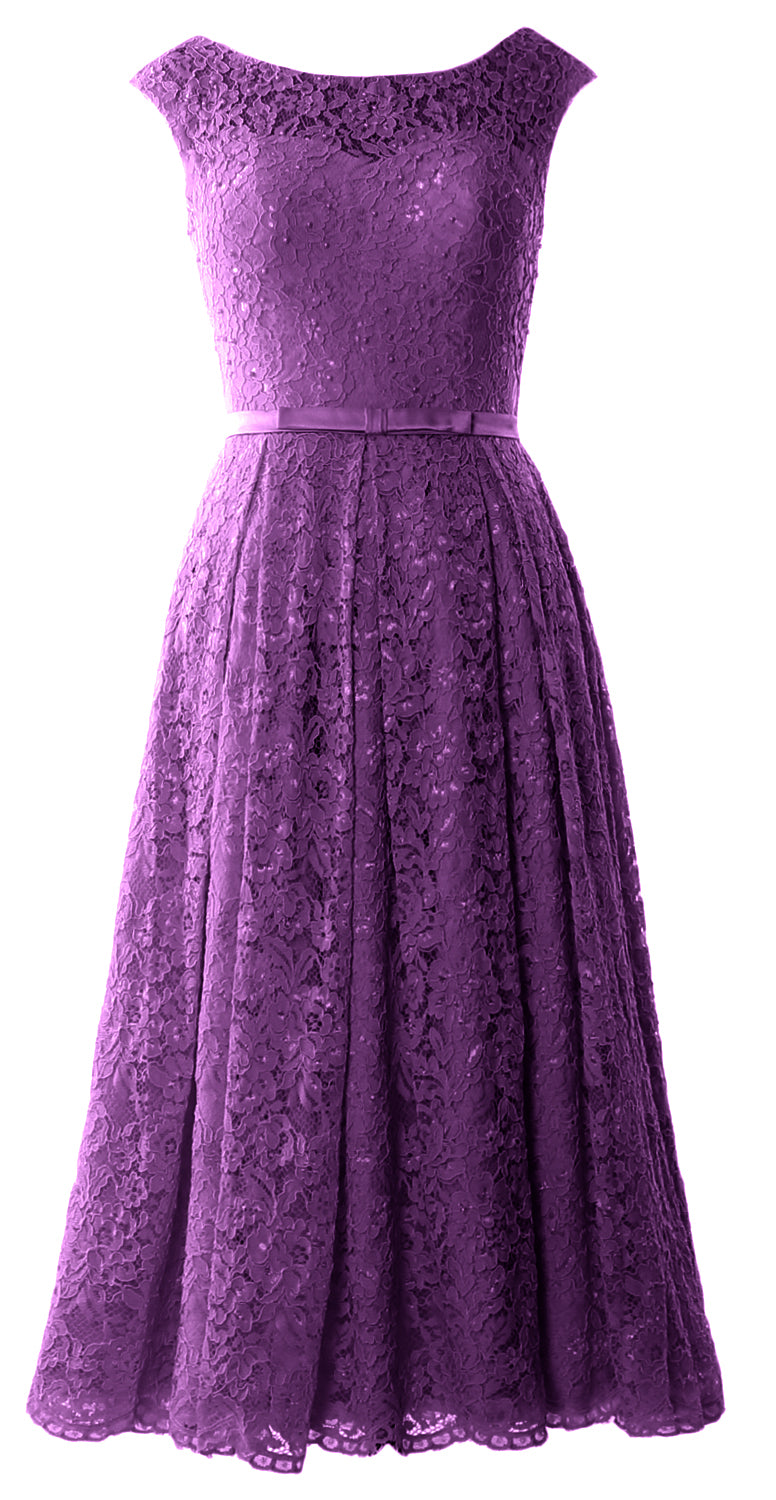 MACloth Women Tea Length Mother Bride Gown Dresses Cap Sleeve Lace Midi Corset