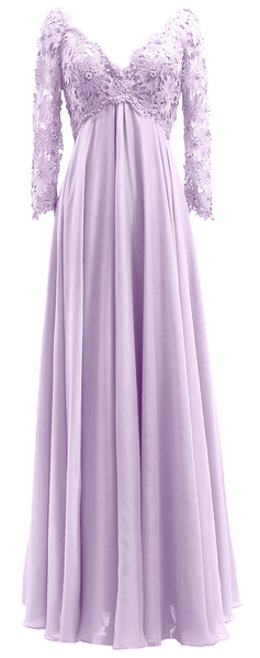 MACloth Women Mother of Bride Dresses V Neck Lace Long Sleeves Evening Gown