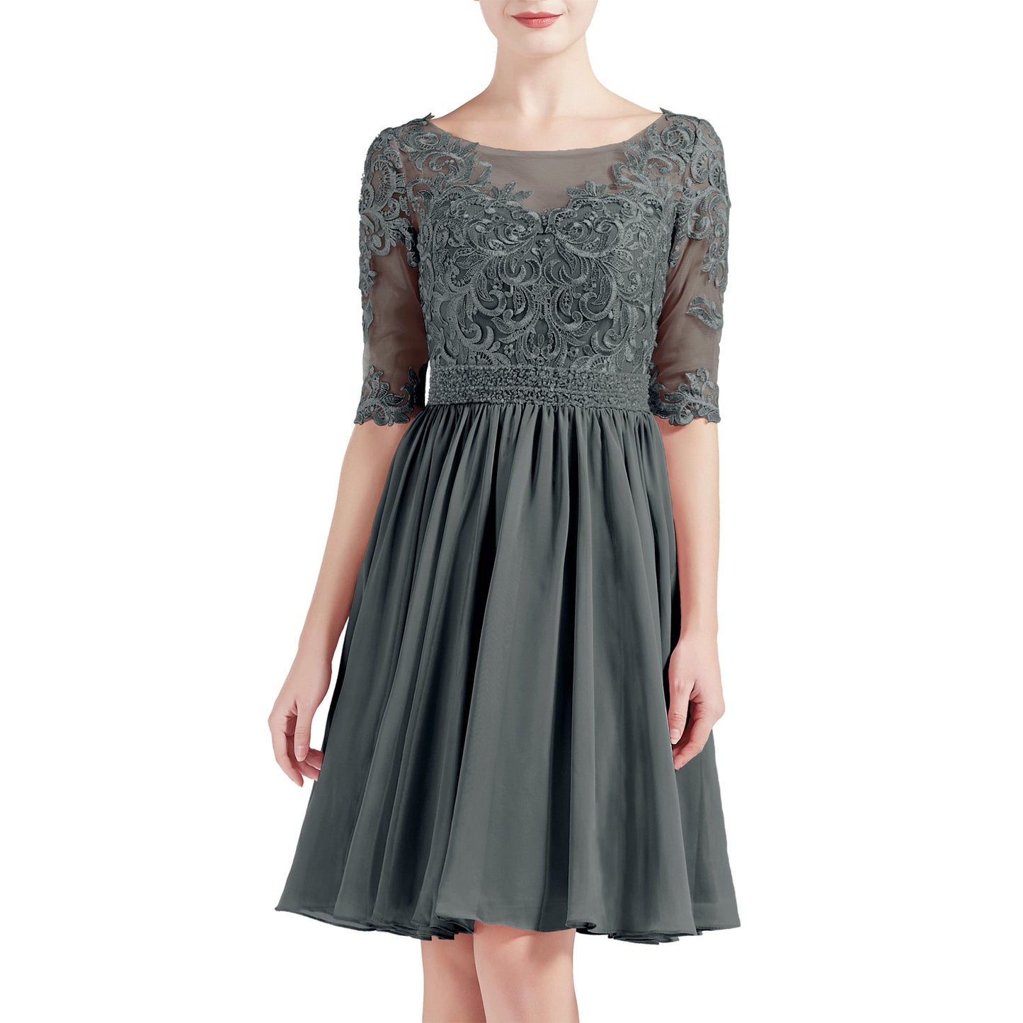 MACloth Women Half Sleeves Short Lace Beading Boat Neckline Mother of Bride Dresses Wedding Bridal Party