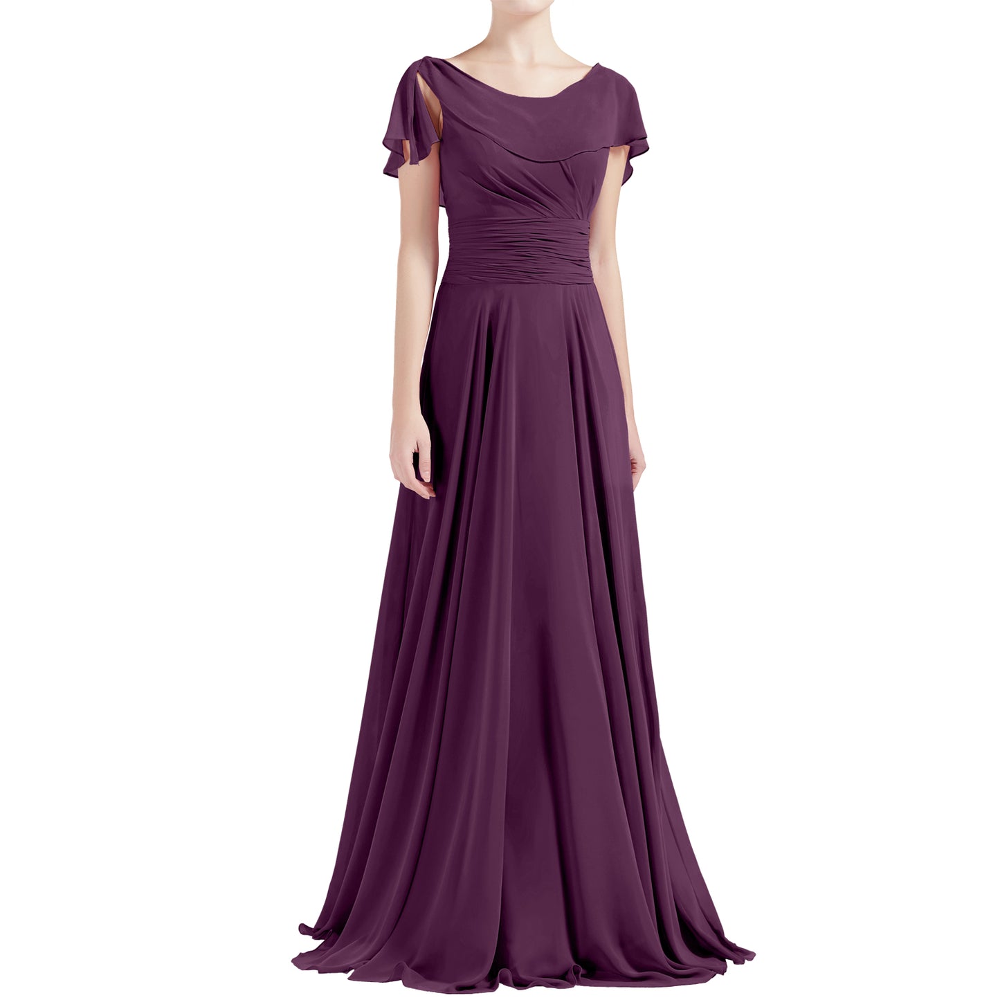 MACloth Damen O-Ausschnitt Rüschen Kurze Ärmel A-Linie Maxikleid Hochzeit Brautjungfernkleid