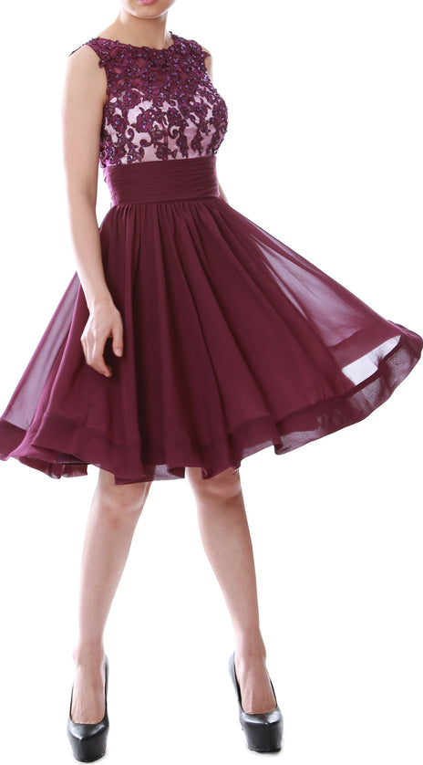 MACloth Women Beaded Lace Chiffon Short Prom Formal Dress Cocktail Party Gown