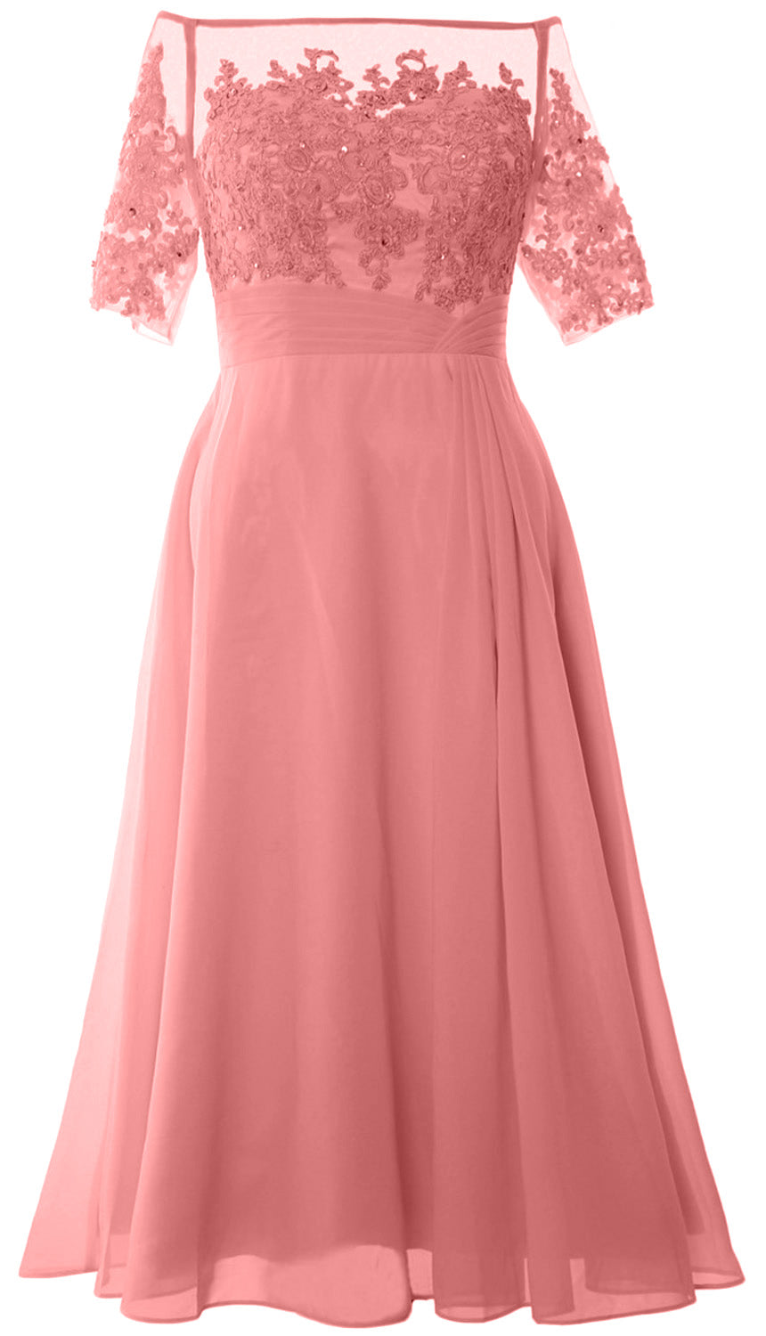 Vestidos de madre de la novia de MACloth, mangas cortas, midi, hombros descubiertos, semi formales
