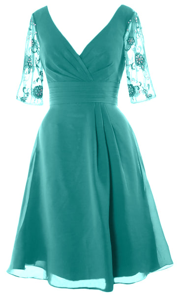 MACloth Mother of Bride Short Dresses Half Sleeves V Neck Cocktail