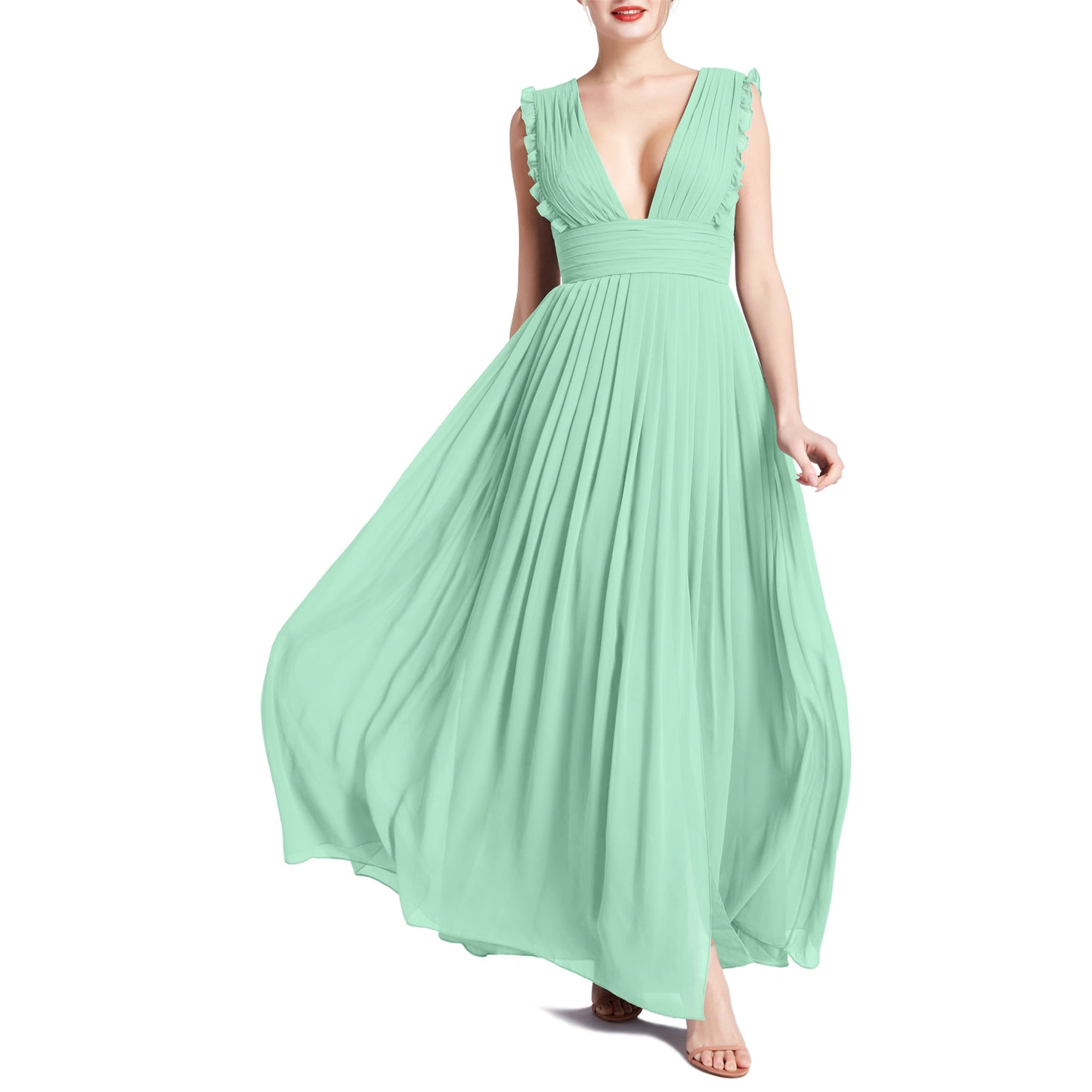 MACloth Women V Neck Ruffle Long Pleated Wedding Party Bridesmaid Dresses
