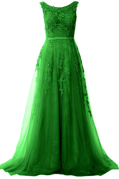 MACloth Lace Prom Dresses Boat Neck Sleeveless Lace Wedding Formal Evening Gown