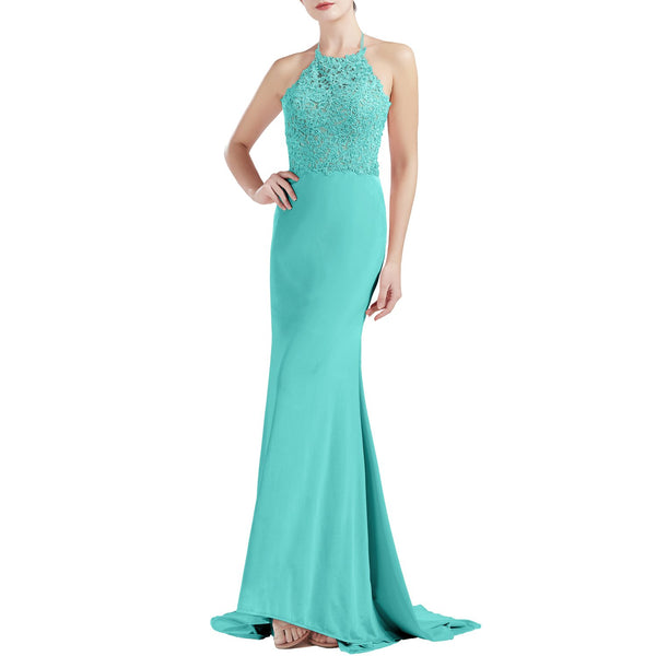 MACloth Women Sleeveless Halter Jersey Mermaid Long Prom Party Dresses Evening