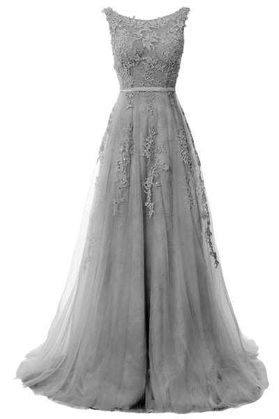 MACloth Lace Prom Dresses Boat Neck Sleeveless Lace Wedding Formal Evening Gown