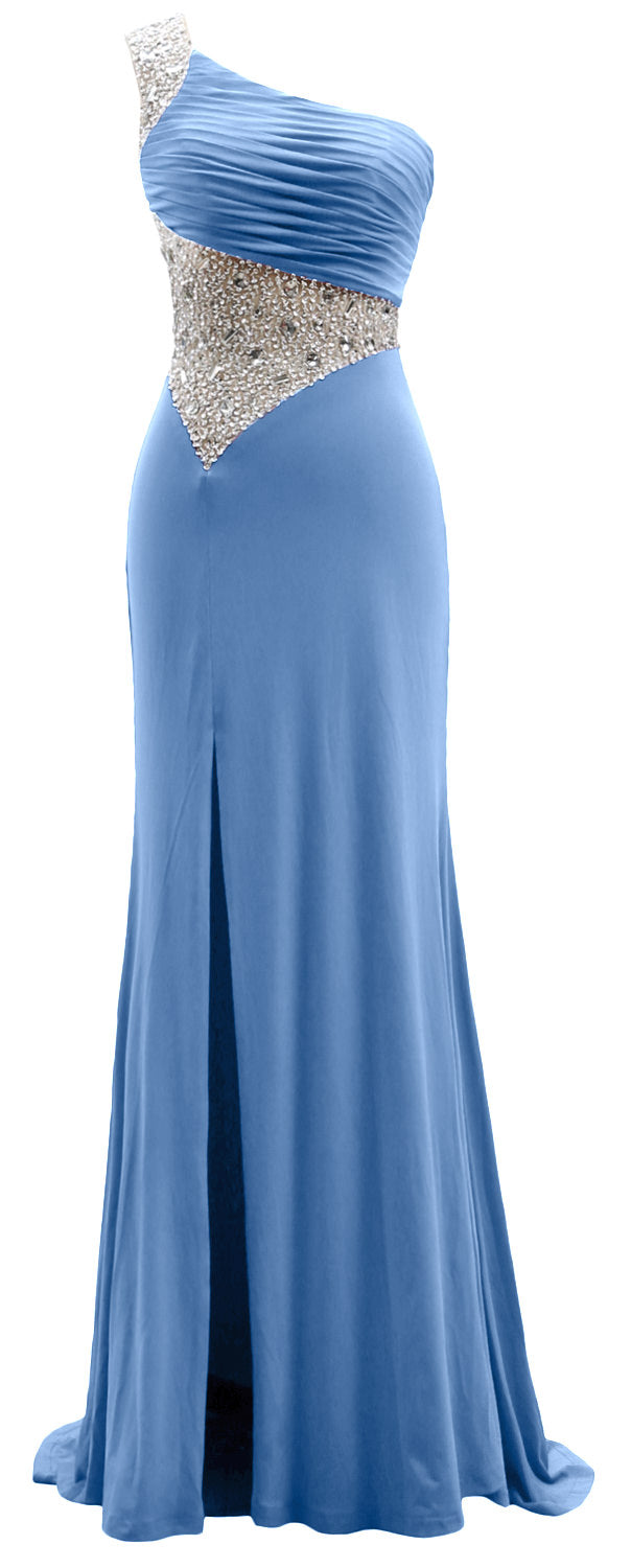 MACloth One Shoulder Prom Dresses with Split Mermaid Jersey Evening Formal Gown