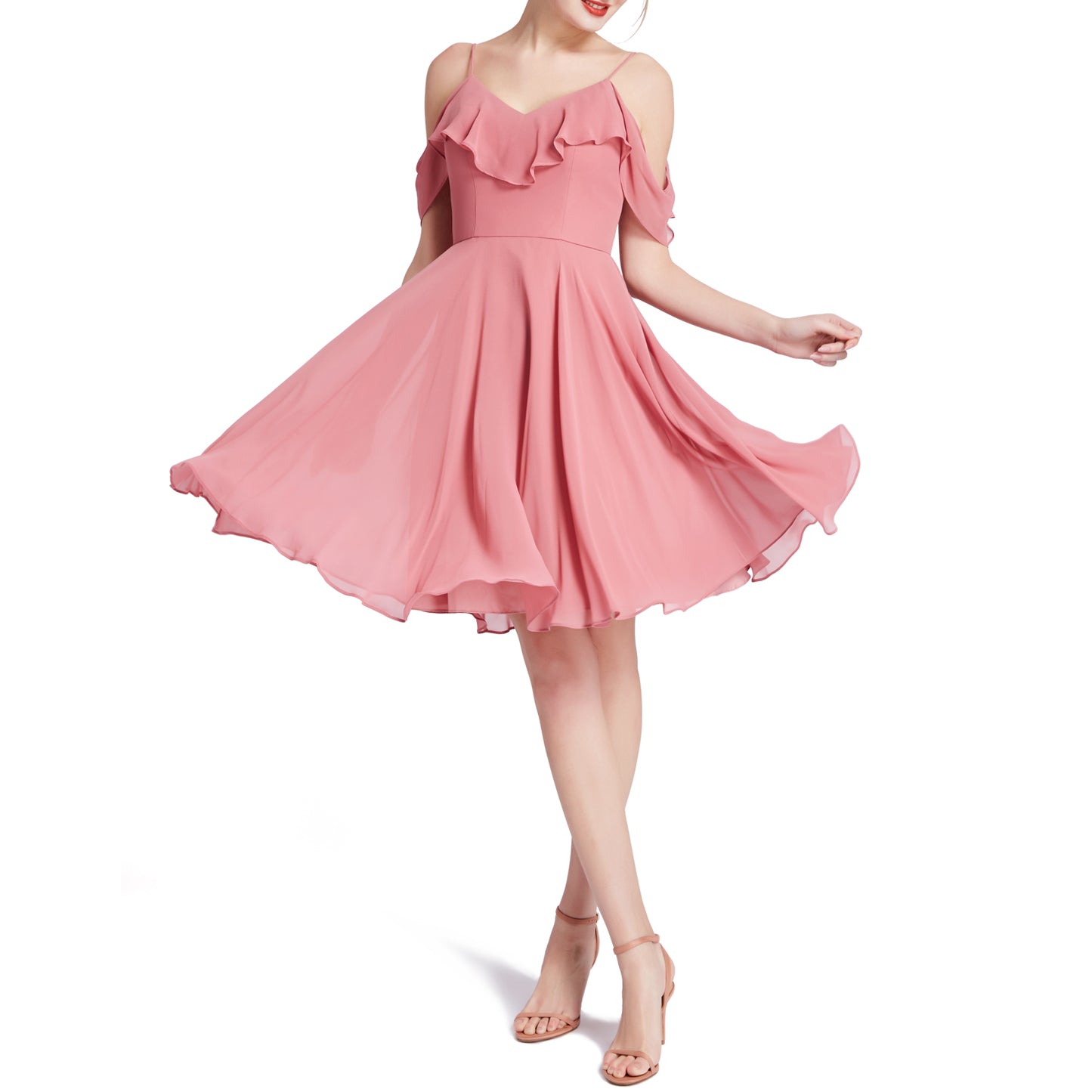 MACloth Damen-Kleid mit kalten Schultern und Rüschen, kurz, für Hochzeit, Party, Brautjungfern