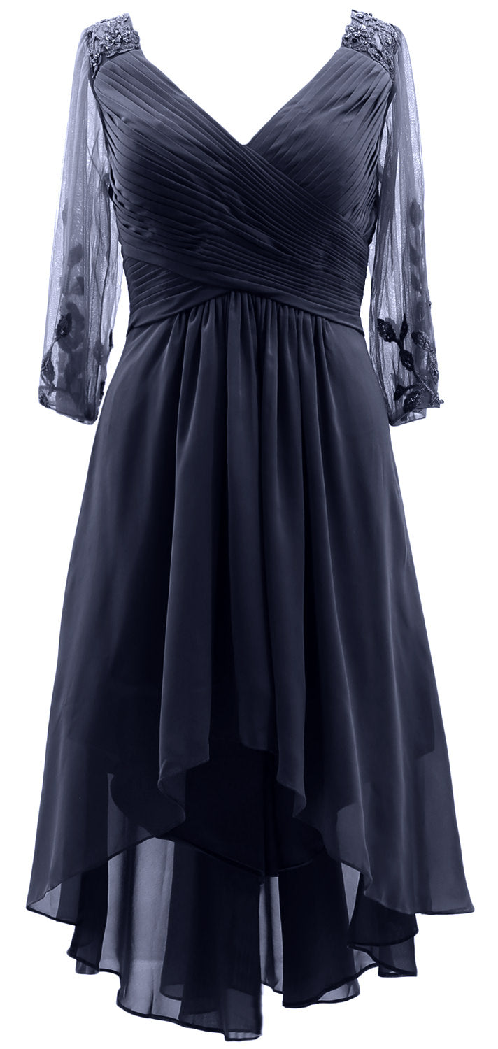MACloth Damen Abendkleid mit V-Ausschnitt, High Low, für die Brautmutter, mit Ärmeln
