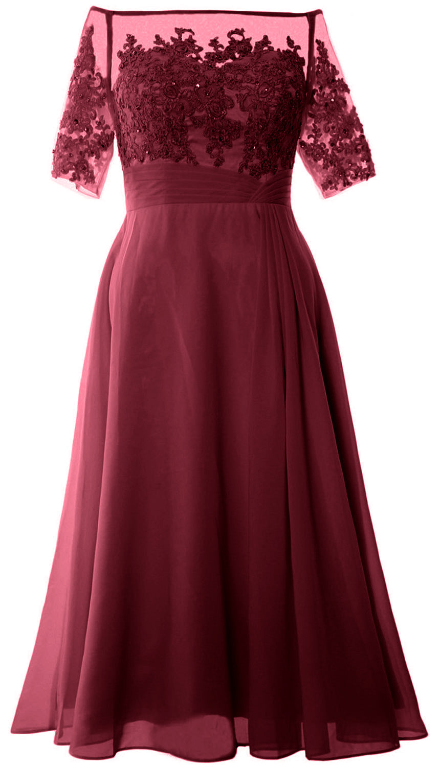 Vestidos de madre de la novia de MACloth, mangas cortas, midi, hombros descubiertos, semi formales