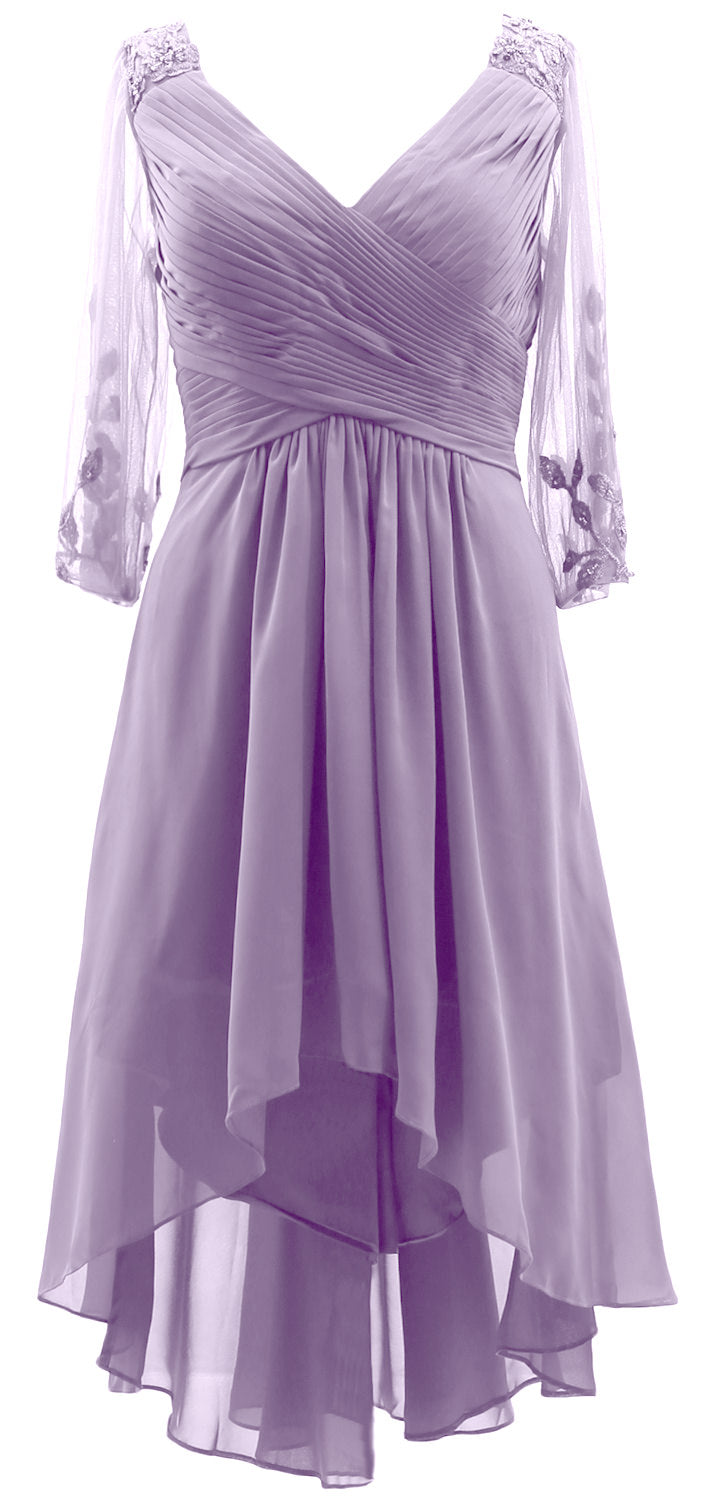 MACloth Damen Abendkleid mit V-Ausschnitt, High Low, für die Brautmutter, mit Ärmeln