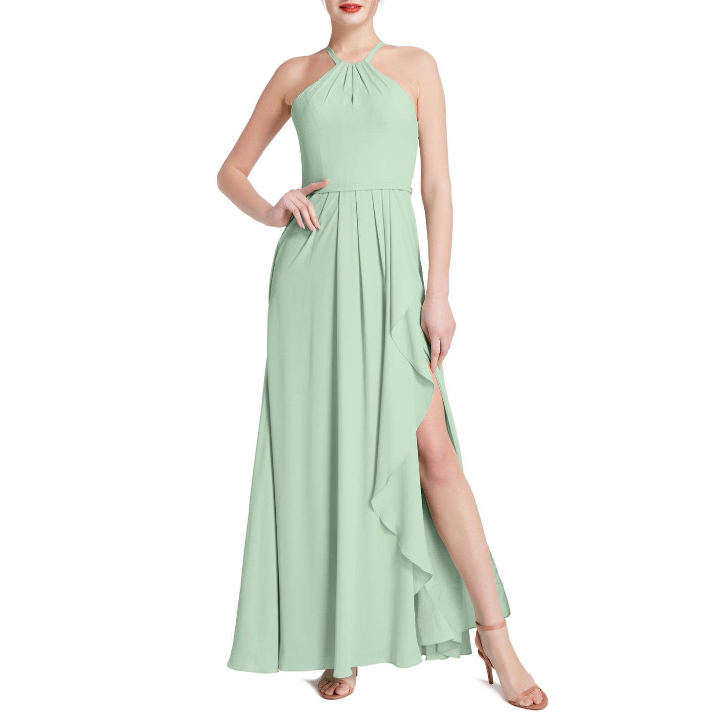 MACloth Damen Neckholder Langes Maxikleid für Hochzeit, Party, Brautjungfern, mit drapiertem Schlitz