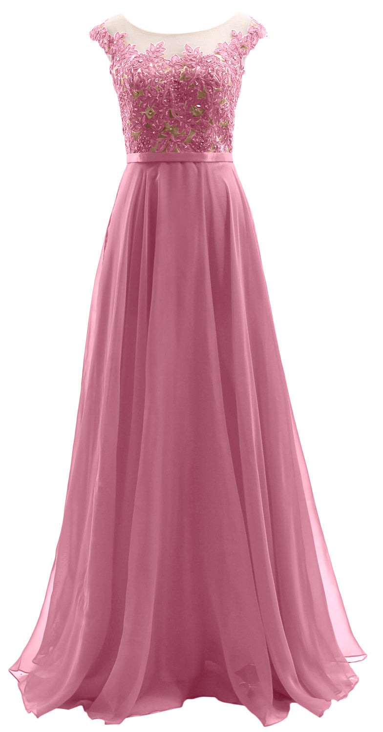 MACloth Cap Sleeves Illusion Long Prom Dress Lace Chiffon Wedding Party Dress