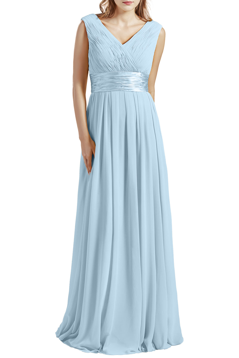 MACloth Damen Langes V-Ausschnitt Chiffon Brautjungfernkleid mit Rüschen BD