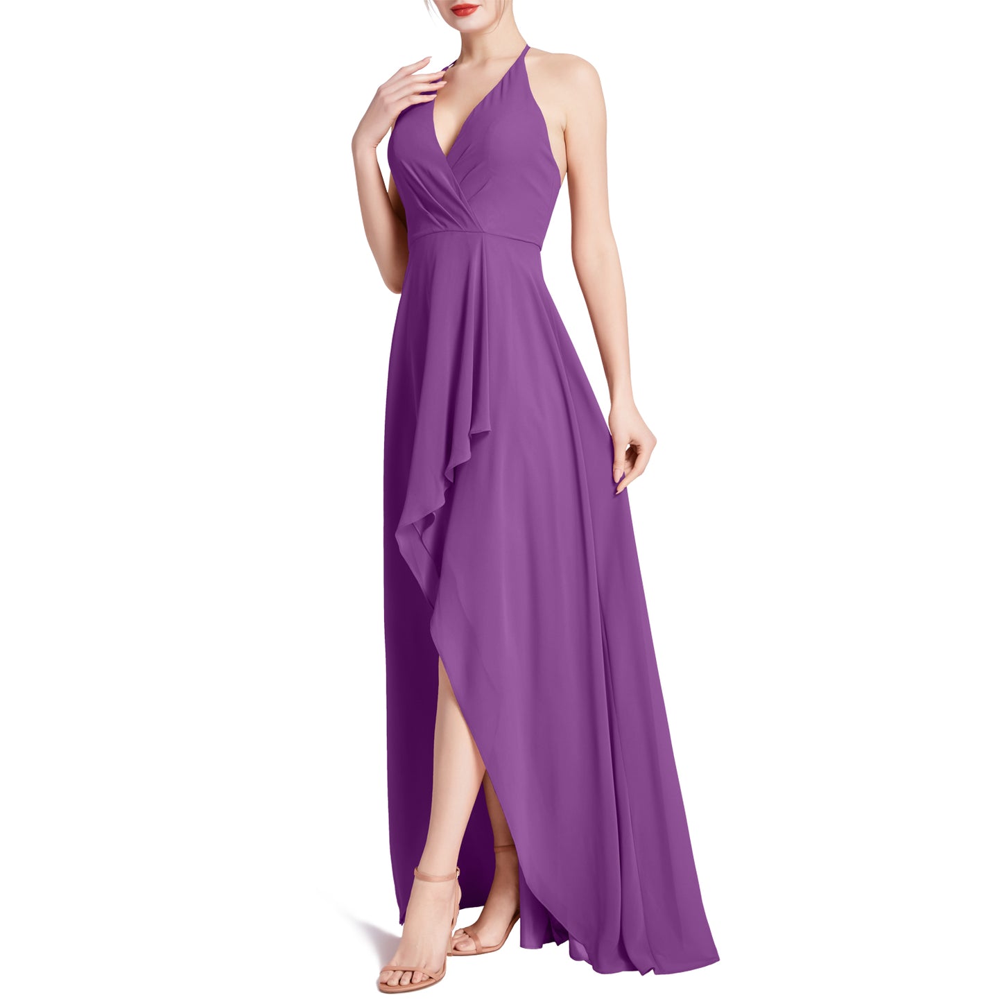 MACloth Women V Neck Halter Hi Lo Long Wedding Party Bridesmaid Dresses