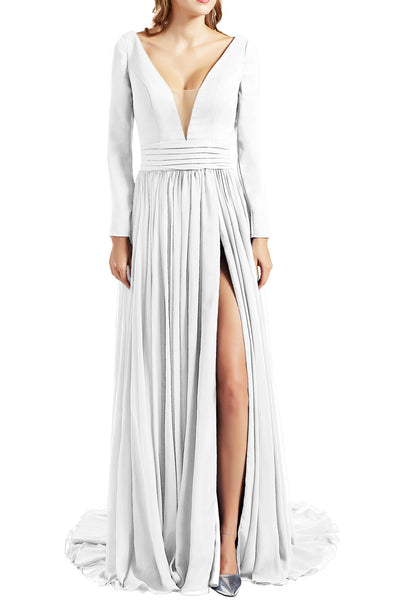 MACloth Women Plunging V Neck Long Sleeves Prom Dresses formal Evening Gown Slit