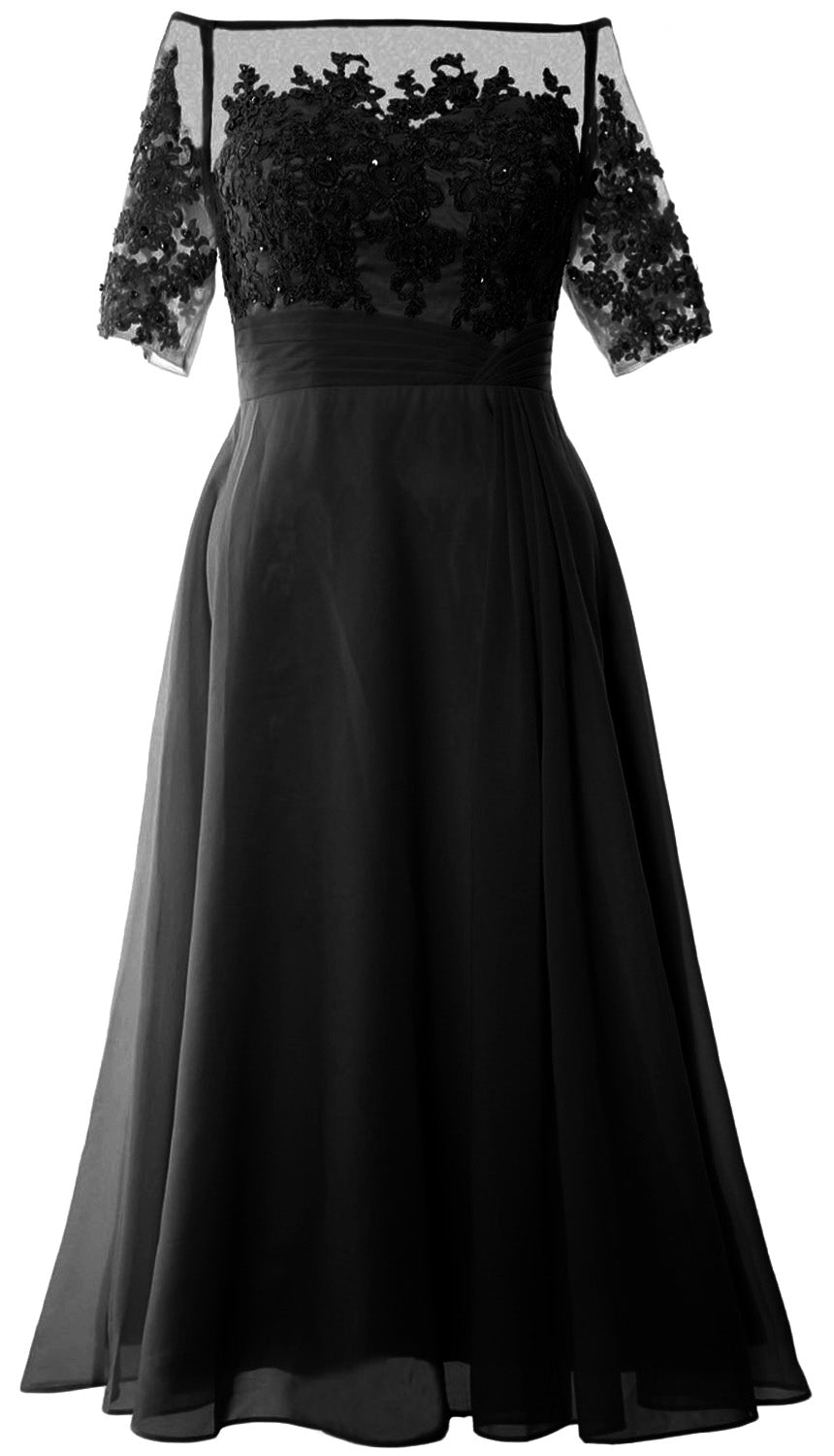 Vestidos de madre de la novia de MACloth, mangas cortas, midi, hombros descubiertos, semi formales