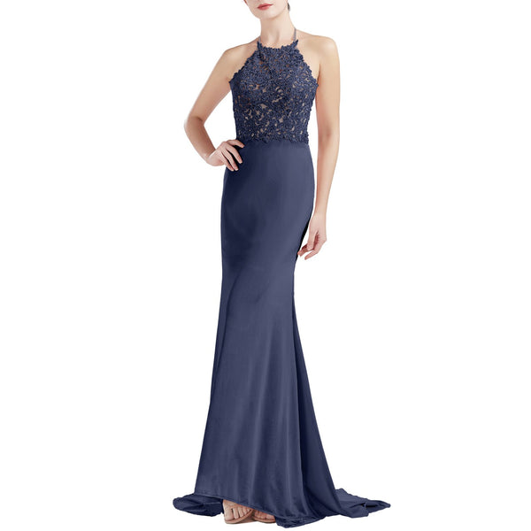 MACloth Women Sleeveless Halter Jersey Mermaid Long Prom Party Dresses Evening