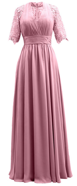 MACloth Long Mother of Bride Dresses Half Sleeves V Neck Formal Evening Gown